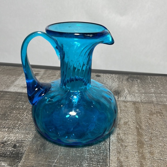 Small Blue Hand Blown Glass Pitcher Unique Design - Picture 3 of 7